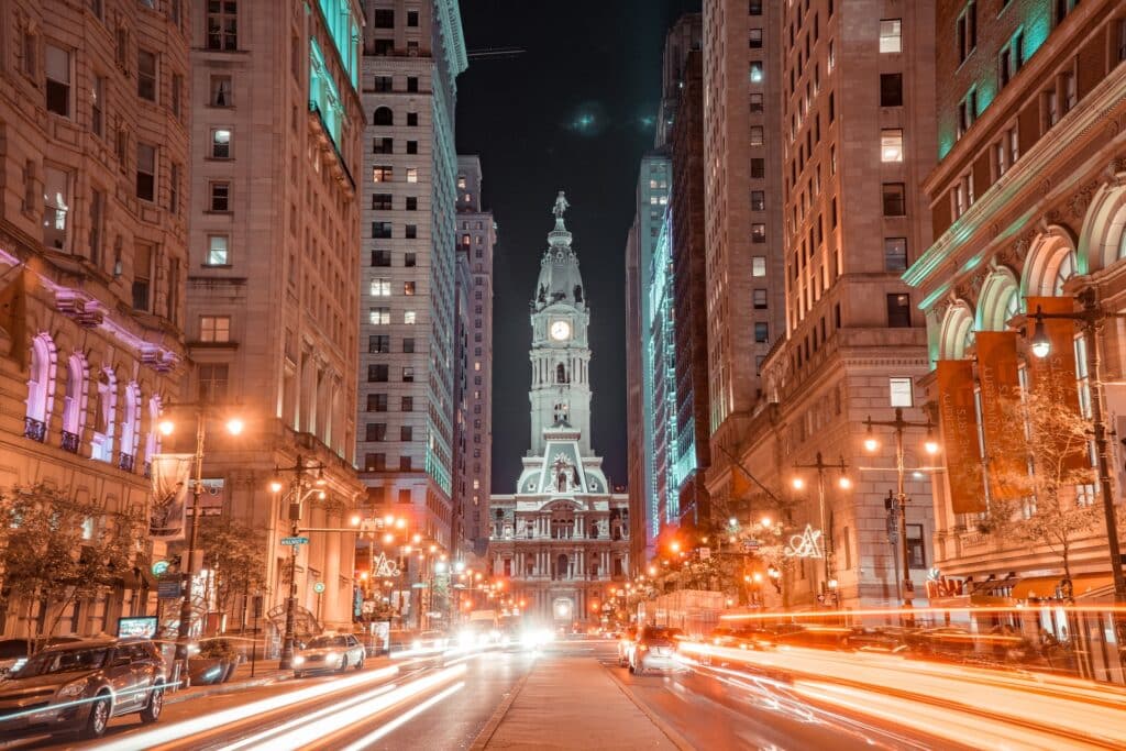 nighttime traffic in downtown philadelphia